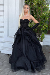 Black Prom Dress Corset Beaded Long Evening Dress with Ruffles